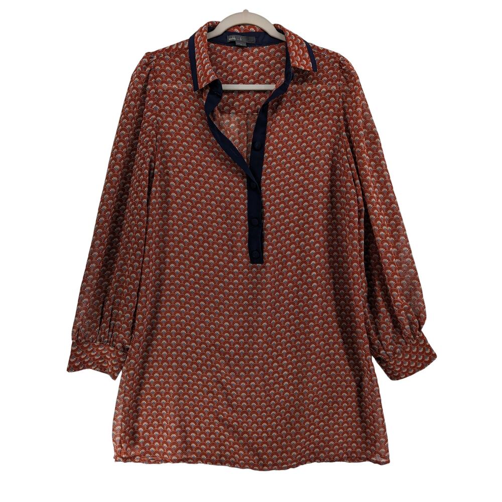 Maddy K Printed‎ Tunic L Orange Long Collared Top Button Up Blouse Everyday Work